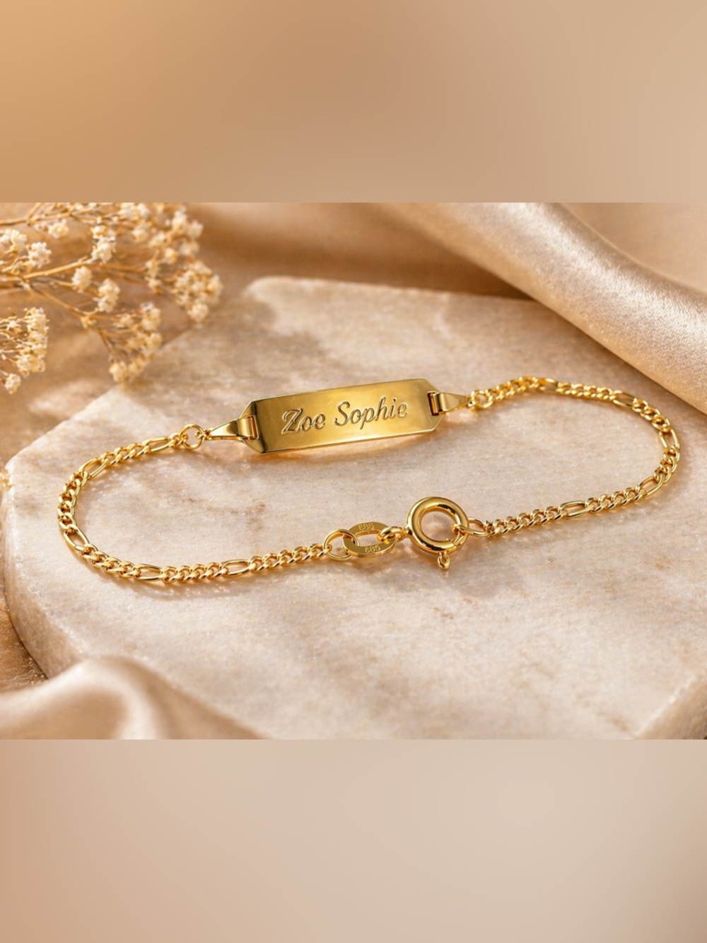 SOLD.  14K Solid Gold Figaro ID Bracelet Engraved 585 Child Bracelet 14 cm